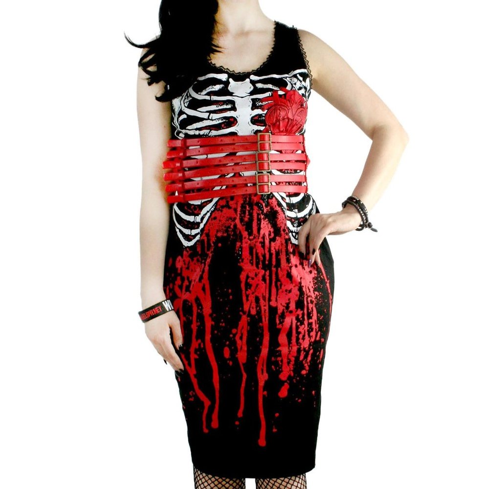 Too Fast Black & Red Skeleton Midi Dress with Faux Ribcage and Belt Detail
